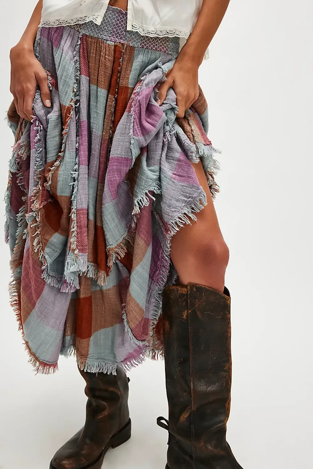 Plaid Patchwork Asymmetric Midi Skirt