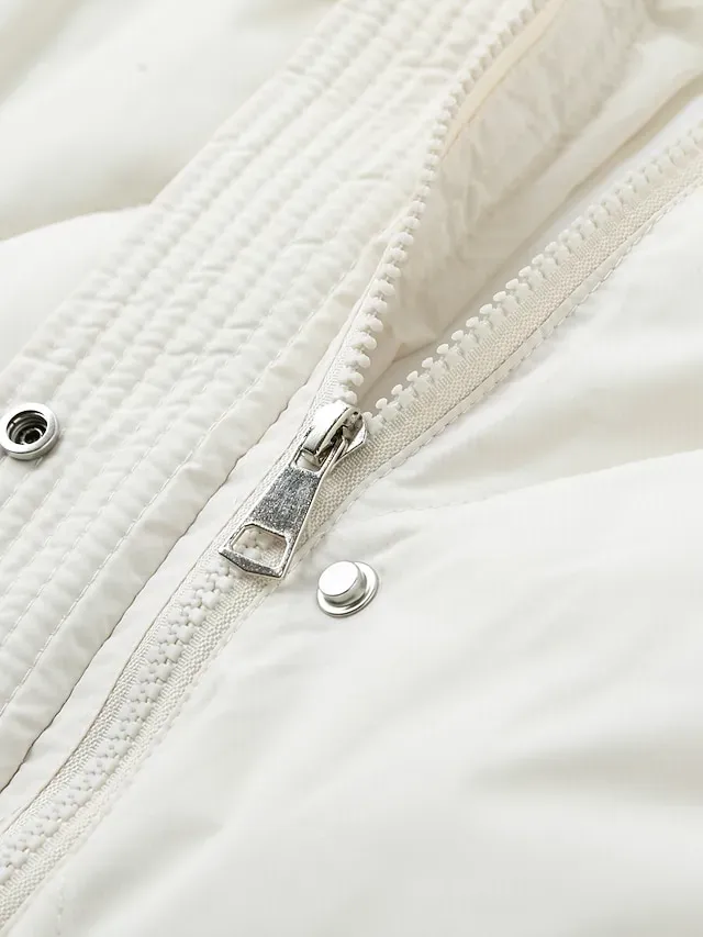 Women's Parka Warm Long Puffer Jacket Zipper with Fur Collar Hood Winter Outdoor Street Daily Wear with Pocket Vacation Modern Casual Plain Regular Fit Outerwear Long Sleeve Fall Black White Khaki