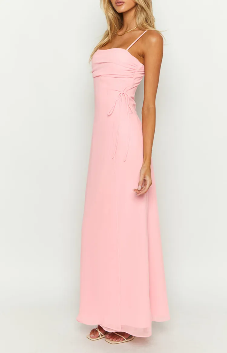 Pink Long Sleeve Sheer Maxi Dress