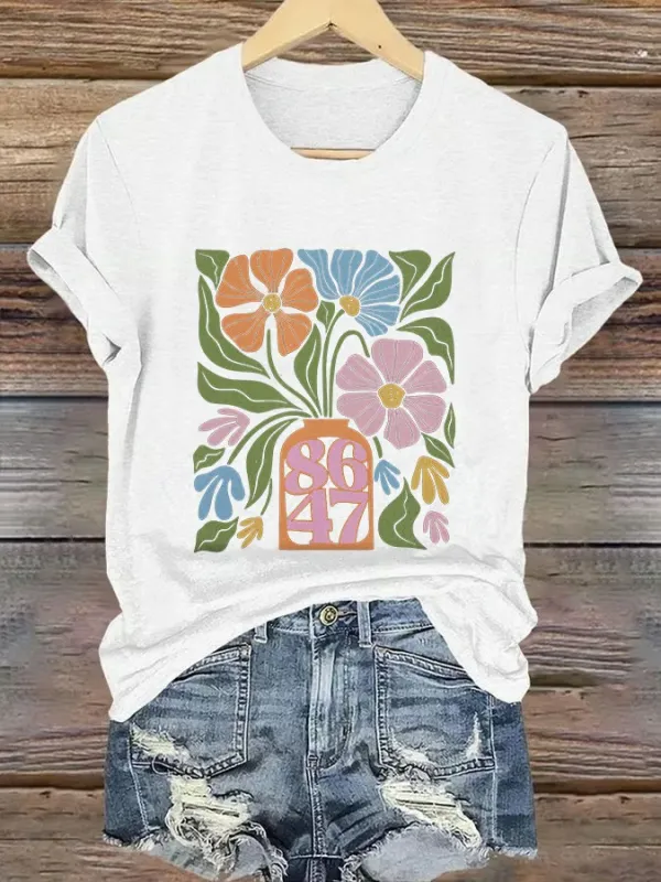 Women'S T-Shirt Retro Flowers 86 47 Print T-Shirt Round Neck Pure Cotton Short Sleeves