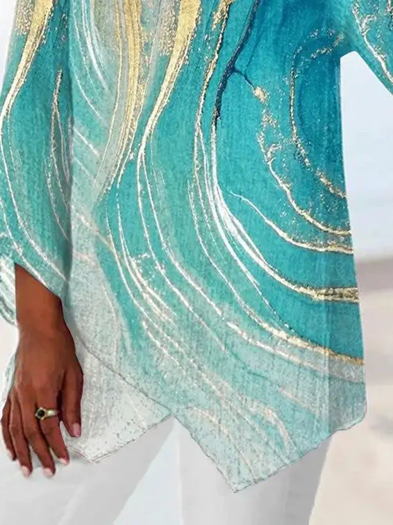 Women Asymmetrical 3/4 Sleeve V-neck Printed Striped Top Dress