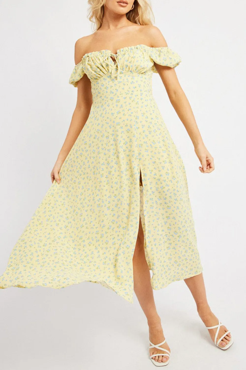 Yellow Ditsy Midi Dress Puff Sleeve