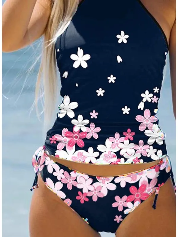 Women's Swimwear Tankini Bathing Suits 2 Piece Normal Swimsuit Halter 2 Piece Modest Swimwear Floral Floral Print Navy Blue Padded Bathing Suits Sports Vacation Beach Wear
