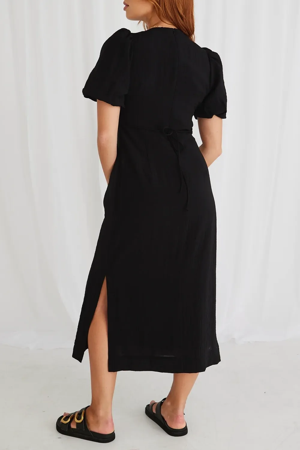 Puff Sleeve Tie Midi Dress