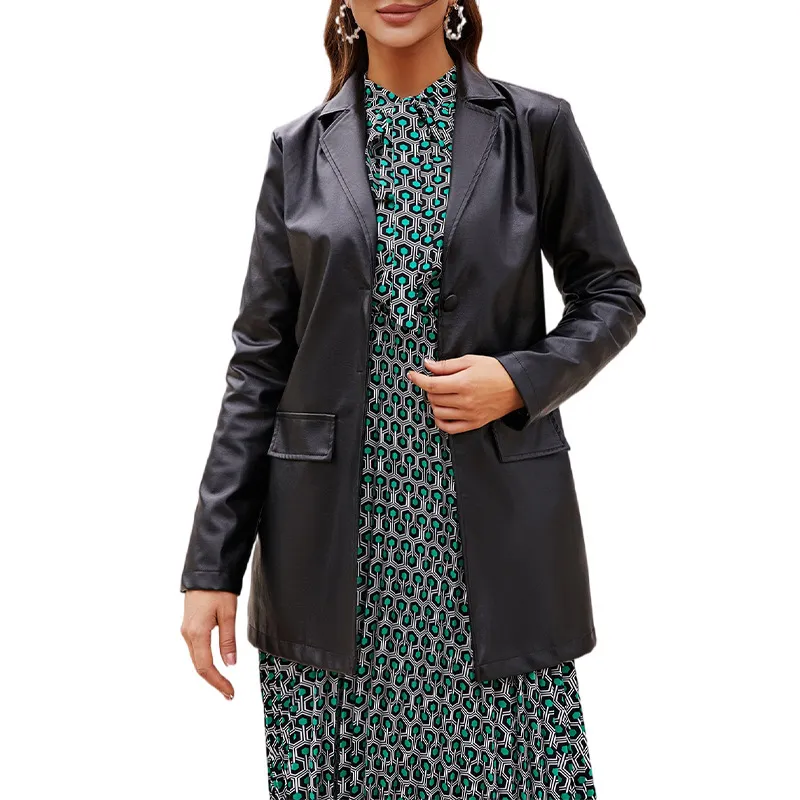 Solid Leather Front Pockets Trench Coat