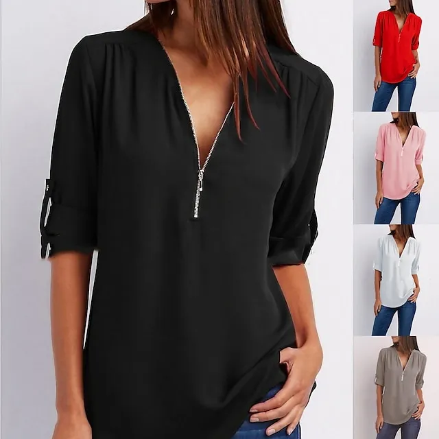 Women‘s Blouse Shirt Zipper Basic Plain Daily V Neck T-shirt Sleeve Regular Summer White Black Pink Grey Dark Blue