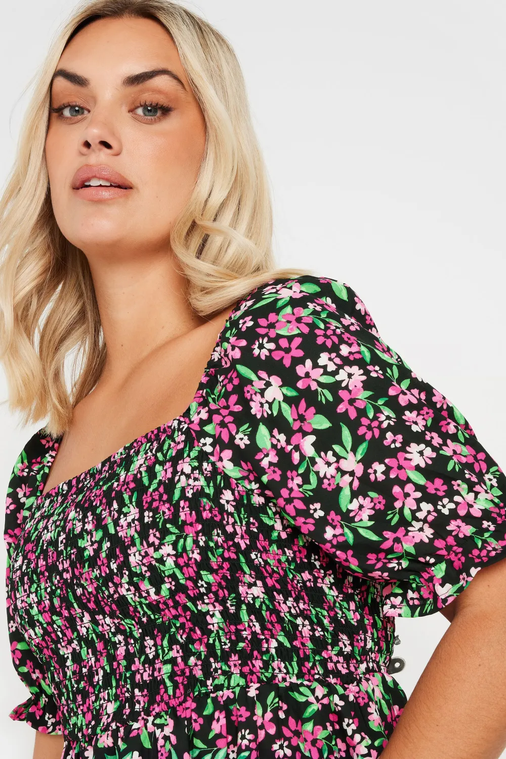 YOURS Curve Blue Floral Print Shirred Midaxi Dress