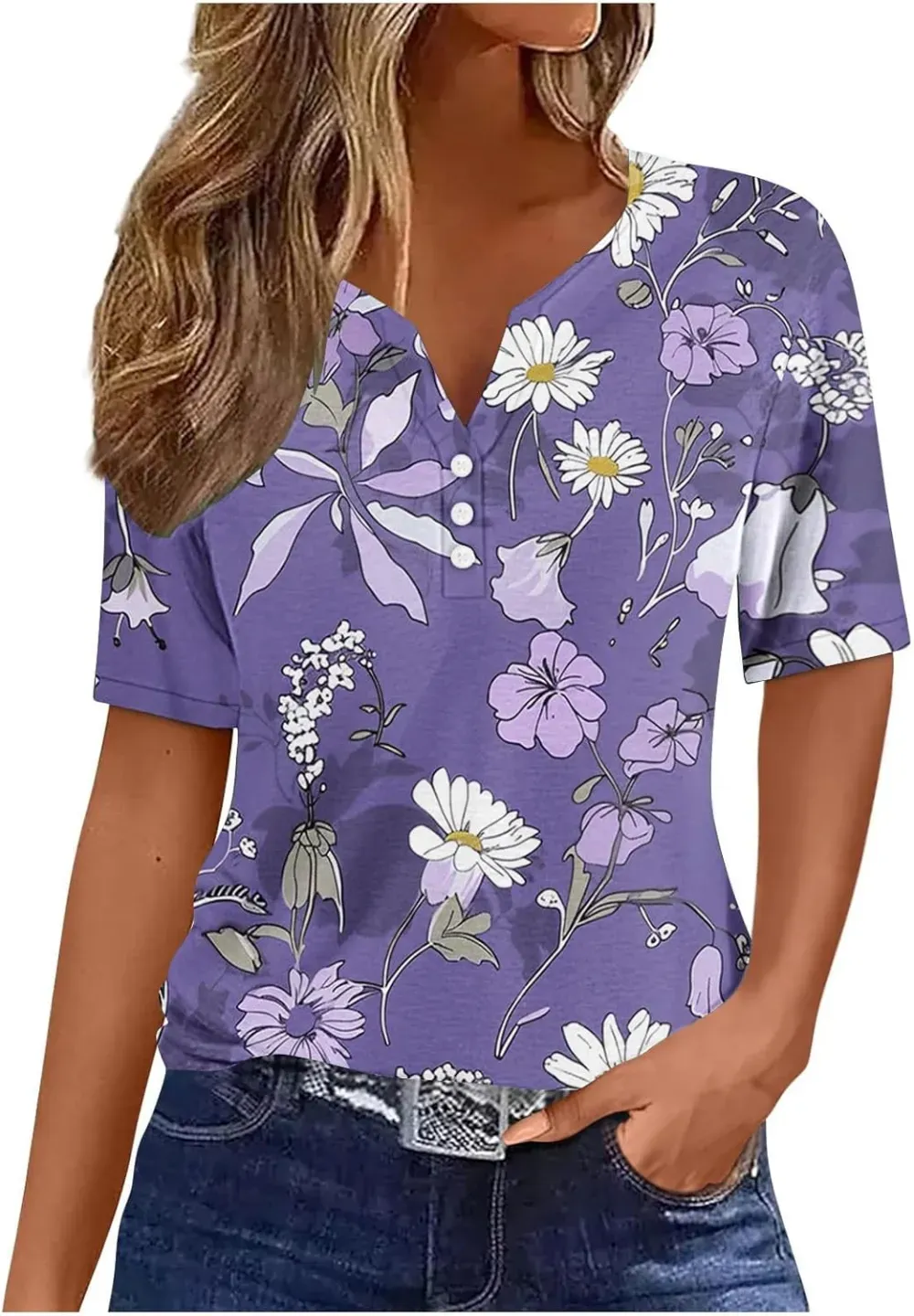 Shirts for Women Casual Printed Summer Tops Short-Sleeved Button V-Neck Tops Blouse Fashion Boho T-Shirts
