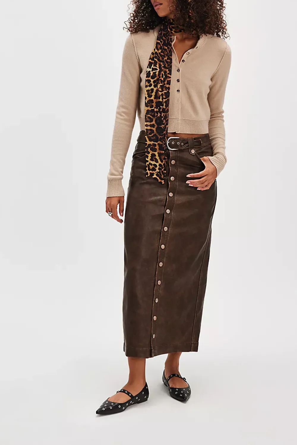 Faux Leather Button Front Slit Maxi Skirt