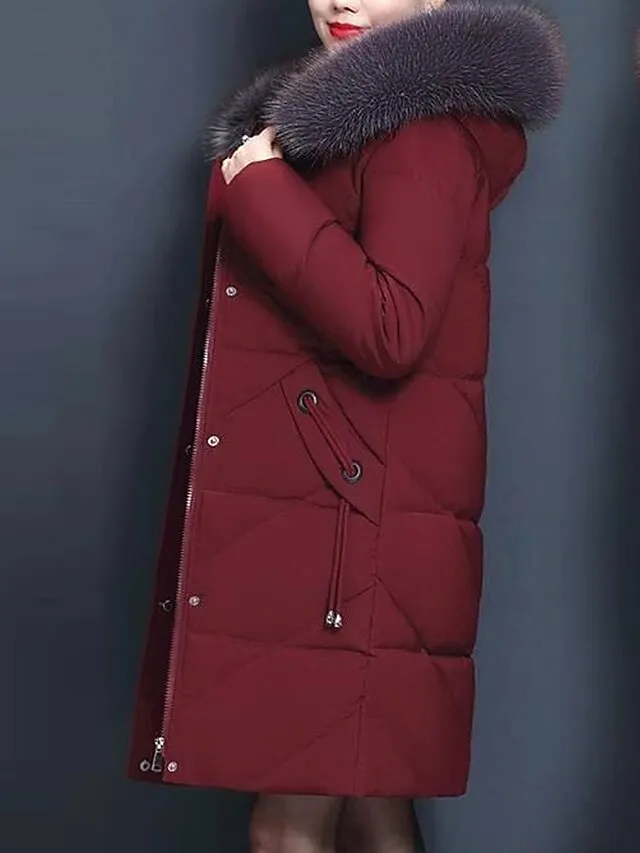 Women's Parka Long Puffer Jacket Winter Coat Zip up Coat with Fur Collar Thermal Warm Heated Coat Fall Outerwear with Pockets Warm Classic Long Sleeve Purple Red