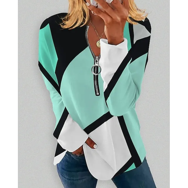 Women's Plus Size Sweatshirt Pullover Graphic Color Block Active Streetwear Quarter Zip Print White Blue Purple Daily Sports V Neck Long Sleeve Without Lining Micro-elastic Fall & Winter