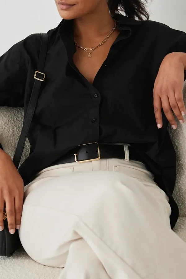 Black Poplin Oversized Long - Sleeve