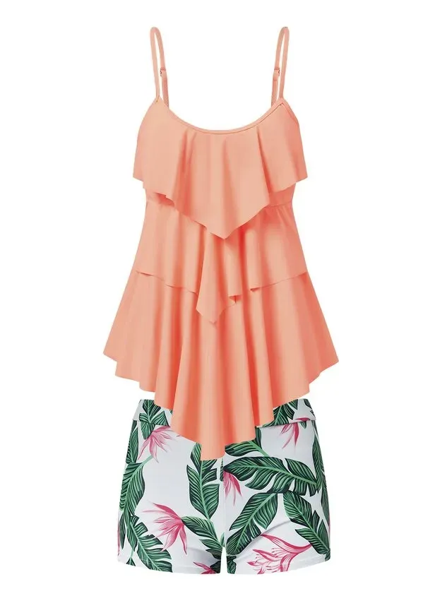 Casual Floral Flouncing Spaghetti Tankinis Two-Piece Set