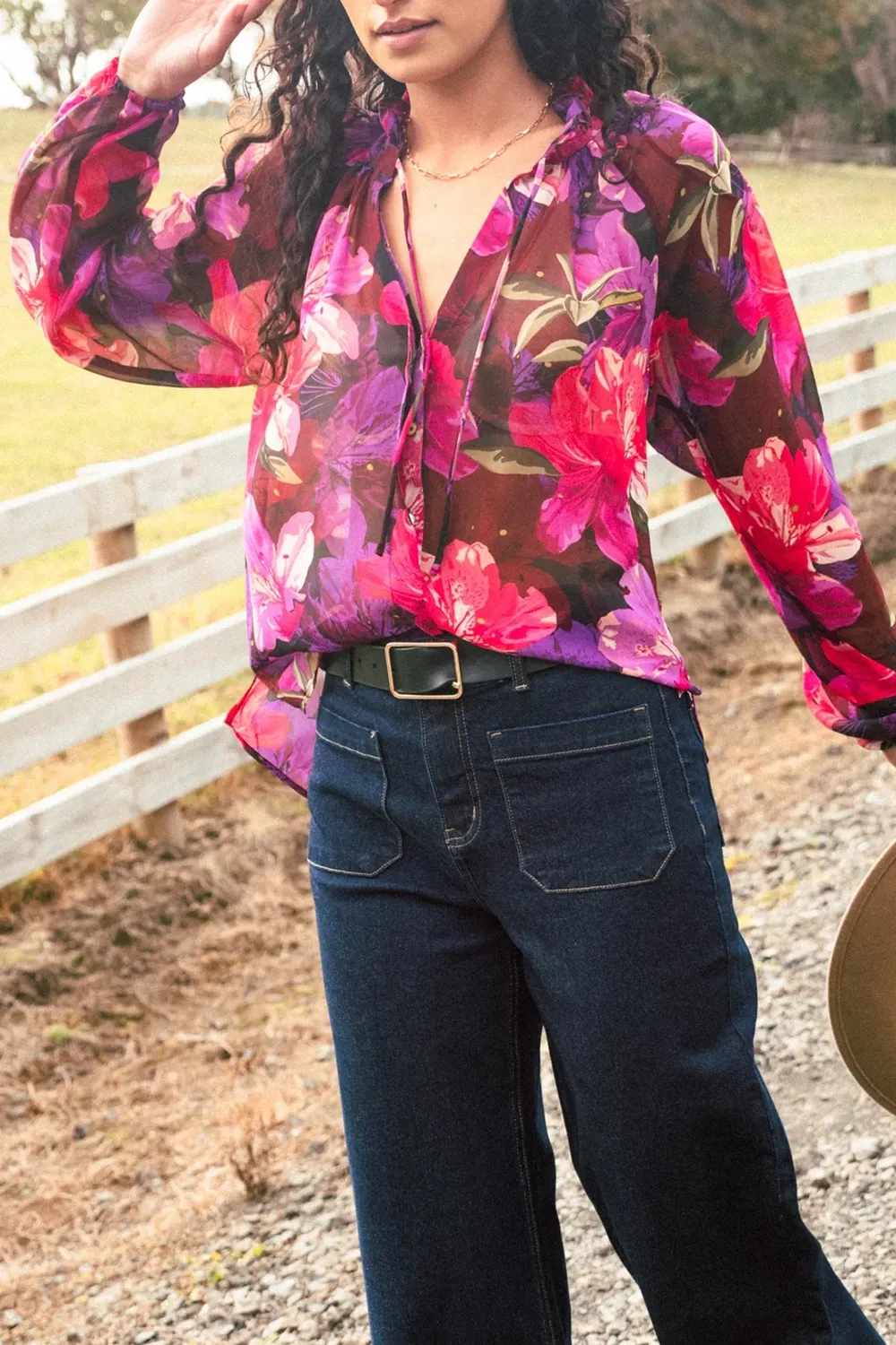 Purple Orchids Georgette Long - Sleeve Blouse