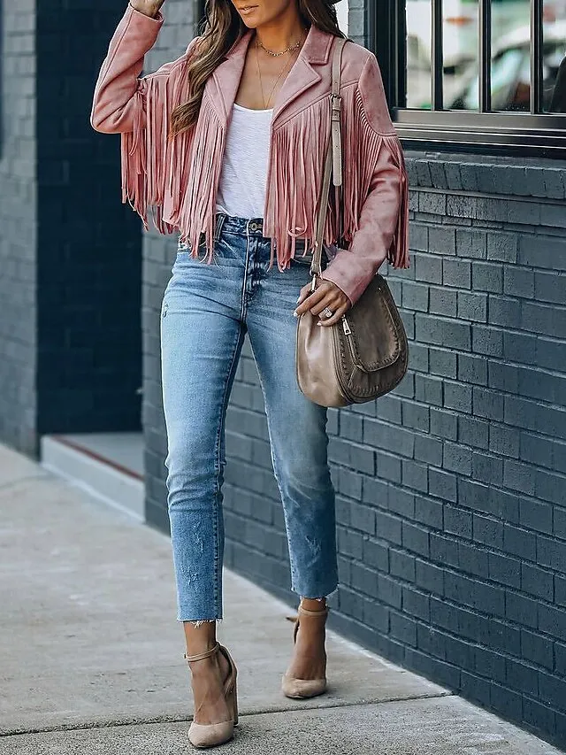 Women's Casual Jacket Going out Fall Tassel Fringe Rusty Regular Coat Regular Fit Breathable Bohemian Style Jacket Long Sleeve Solid ColorWhite Black