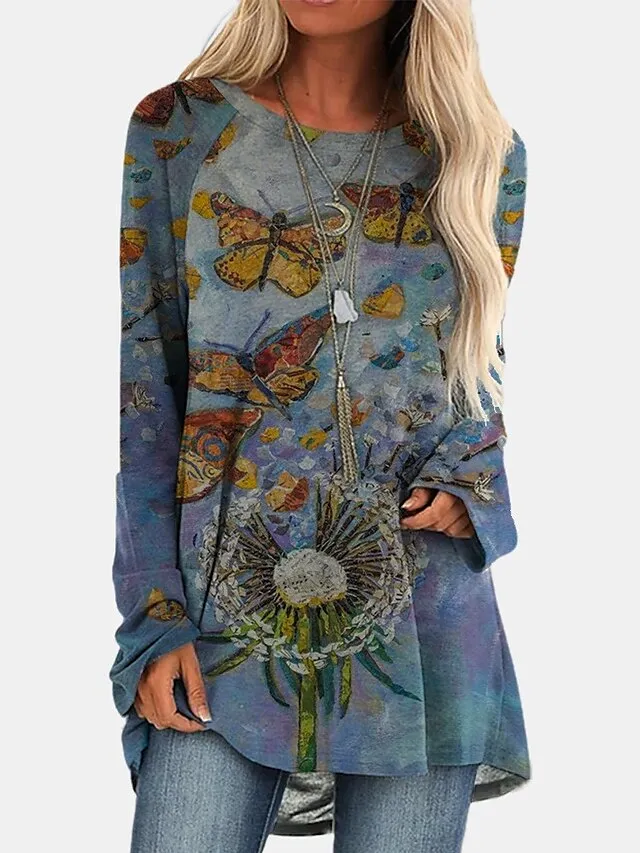 Women's Plus Size T shirt Tee Burgundy Tee Tunic Shirts Marron Yellow Light Green Geometric Plaid Print Long Sleeve Casual Vintage Tunic Ethnic Round Neck Regular Fit Bohemian Theme Geometric Fall