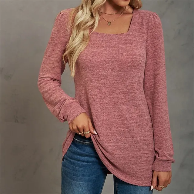 Women's T shirt Tee Cotton Light Blue Pink Apricot Plain Long Sleeve Casual Daily Holiday Basic U Neck Regular Fit Fall & Winter