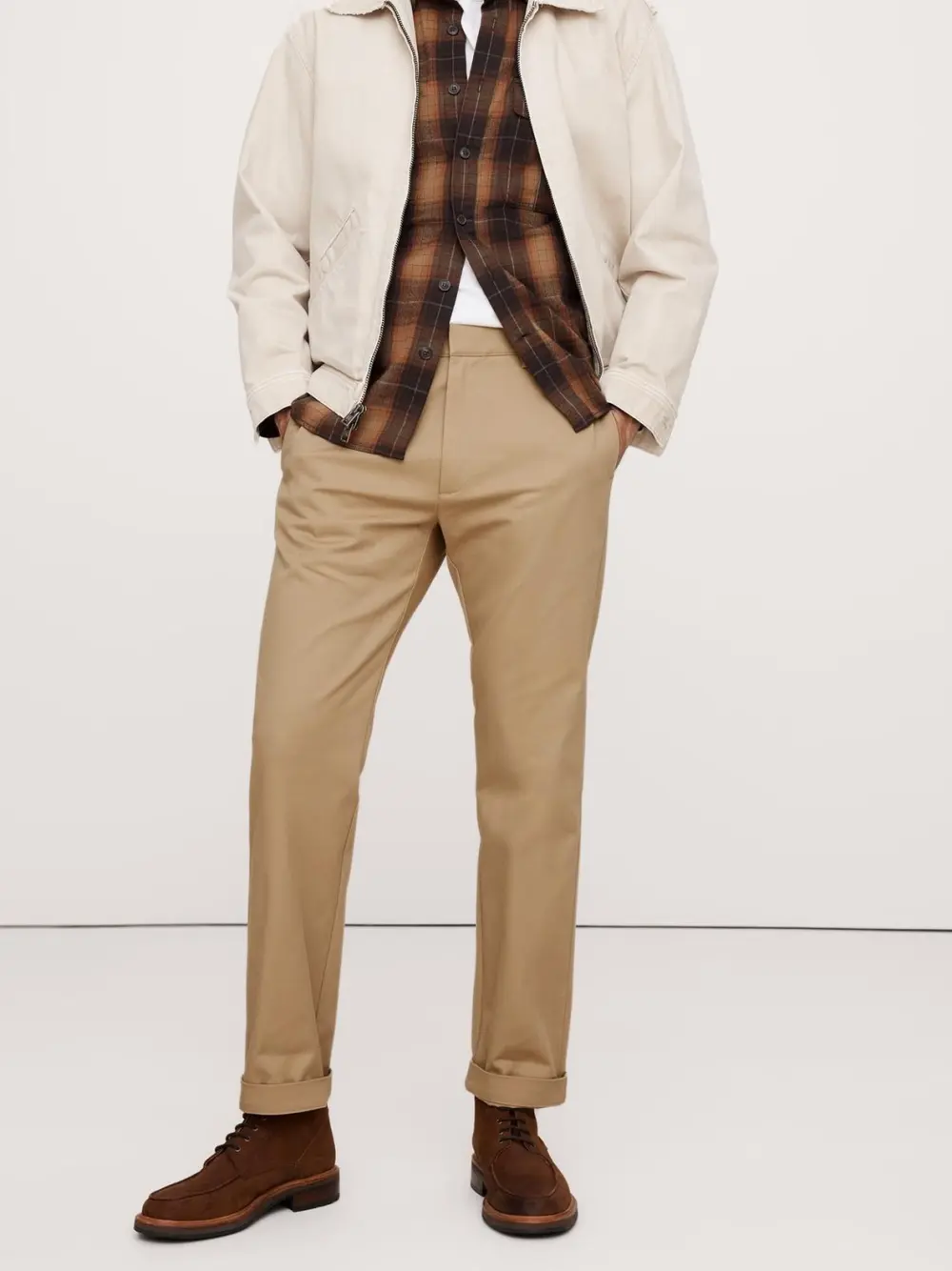 Men's Straight Khaki Beige Cotton Stretch Trousers