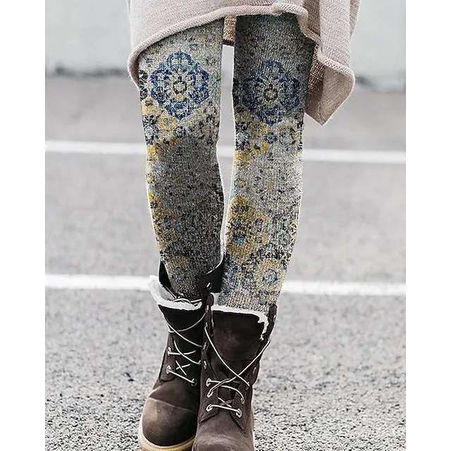 Women's Fleece Lined Leggings Warm Paisley Winter Leggings Tummy Control Butt Lift Ankle-Length Daily Fashion Tights Skinny Red Navy Blue Mid Waist Micro-elastic Winter