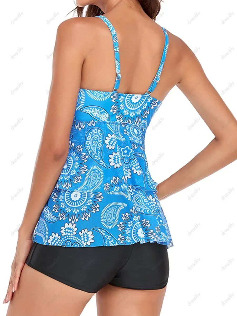 Modest Tankini Swimwear Bohemian Swimsuit Paisley Print Mesh Layered Boyshorts Summer Beach Bathing Suit