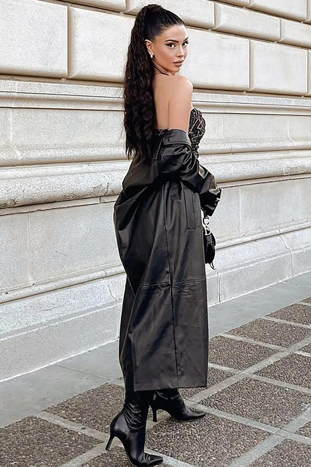 Gimme A Clue Faux Leather Trench Coat - Black