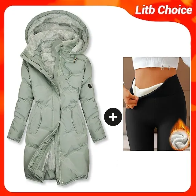 Women's Fleece Lined Parka & Leggings Thermal Warm Puffer Jacket Winter Coat Ankle-Length Winter Leggings Micro-elastic High Waist Tights