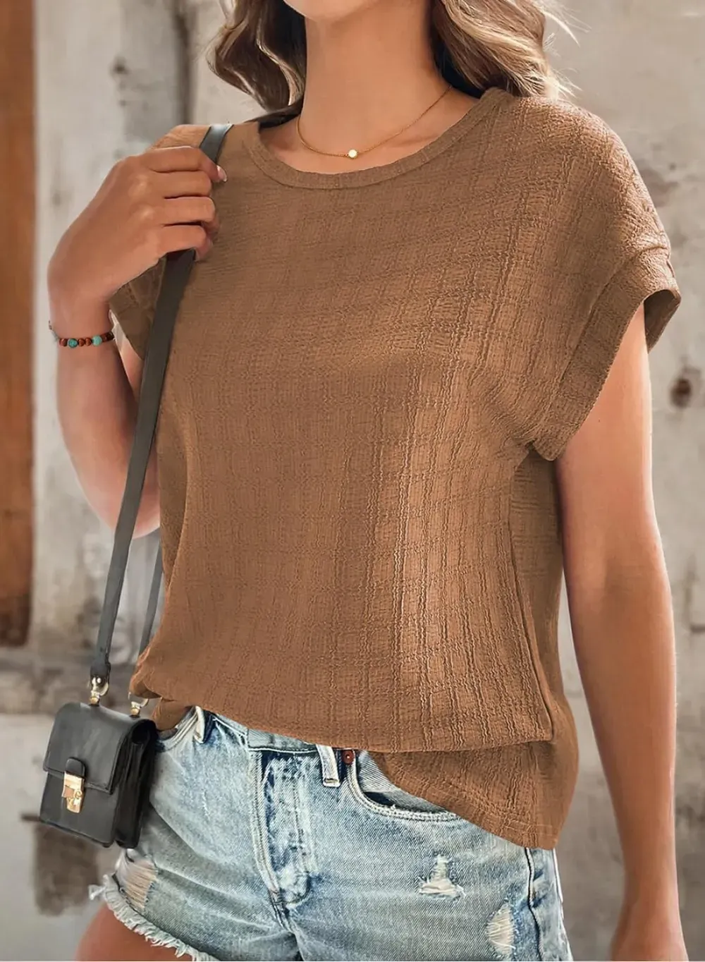 Dokotoo Tops for Women Trendy Summer Casual Cap Short Sleeve Basic Textured Solid Color Round Neck T Shirts Blouse