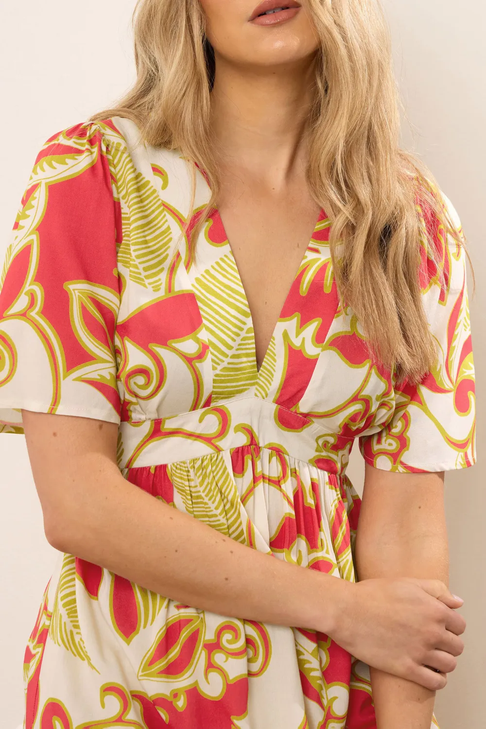 Coral Red Abstract Palm Flutter V-neck Maxi Dress