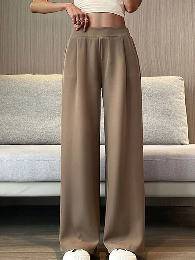 Women's Dress Pants Wide Leg Maillard Trousers Full Length Pocket Baggy Micro-elastic High Waist Fashion Streetwear Work Street Black Blue M L Summer Fall
