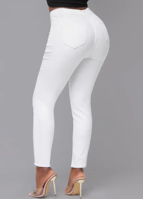 White Skinny Zipper Fly High Waisted Pants