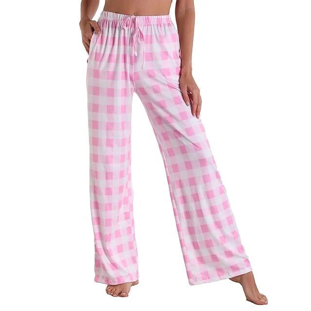 Women's Pajamas Pants Pjs Grid / Plaid Fashion Comfort Sweet Party Home Christmas Cotton Long Pant Pant Summer Spring Light Pink Black