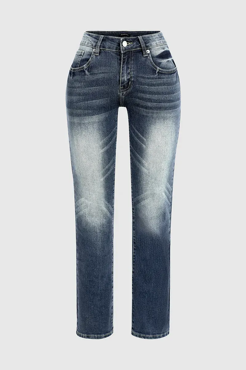 Mid Waist Wash Straight Leg Jeans