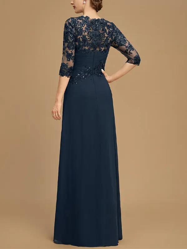 Round Neck Lace Solid Color Mesh Maxi Dress