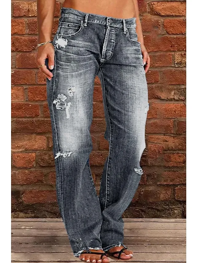 Women‘s Moms Jeans Low Rise Distressed Straight Full Length Denim Pocket Ripped Low Rise Casual Lounge Casual Daily Black Navy Blue S M