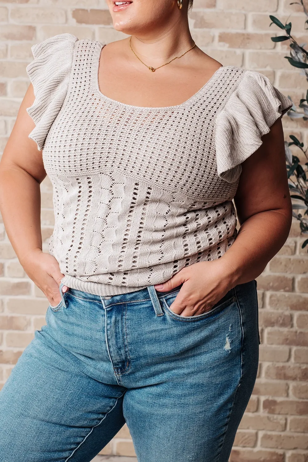 Lace Leaf Edge Light Grey Knit Sweater