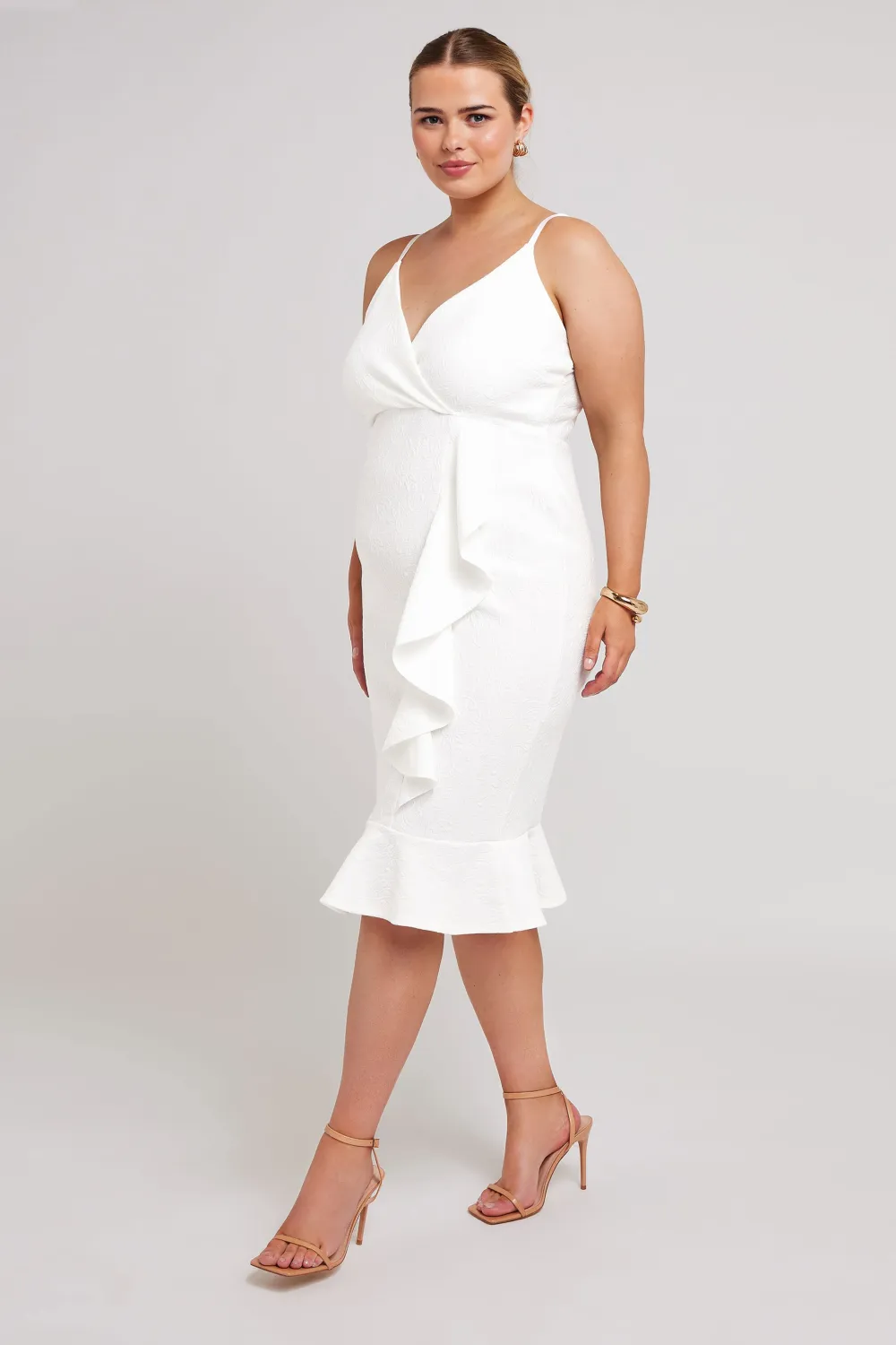 YOURS LONDON Curve White Ruffle Jacquard Dress