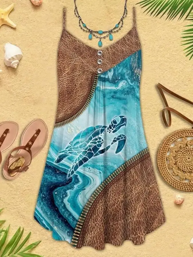 Vacation Sea Turtle Beach Print Spaghetti Strap Dress Swimsuit Coverup