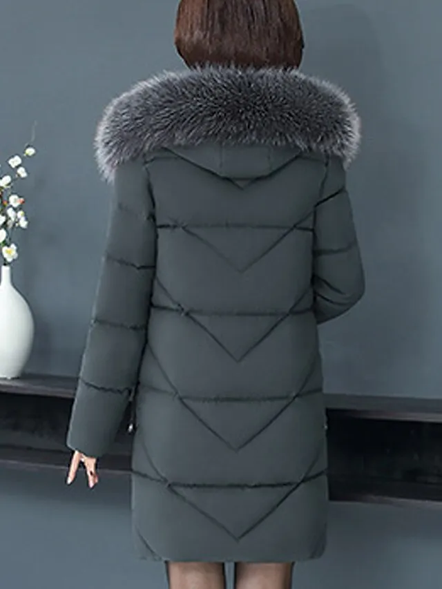 Women's Parka Long Puffer Jacket Winter Coat Zip up Coat with Fur Collar Thermal Warm Heated Coat Fall Outerwear with Pockets Warm Classic Long Sleeve Purple Red