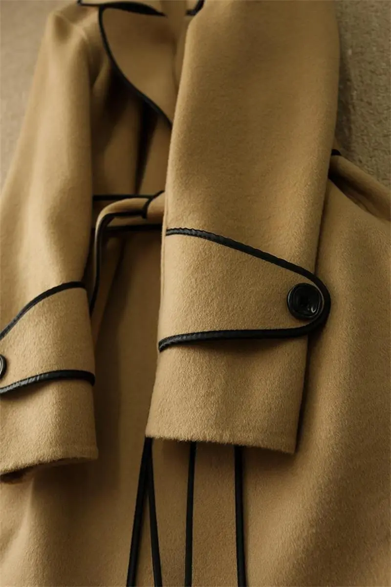 Contrasted trims front tie lapel coat