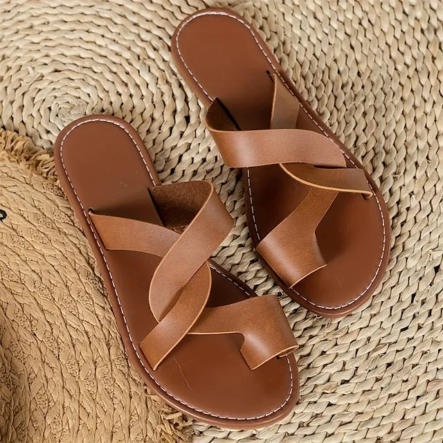 Women's Sandals Slippers Plus Size Daily Flat Heel Minimalism Faux Leather Dark Brown Black White