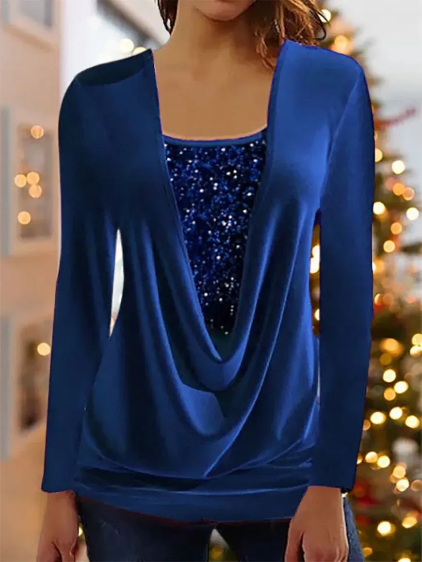 Round Neck Casual Solid Sequin Blouses