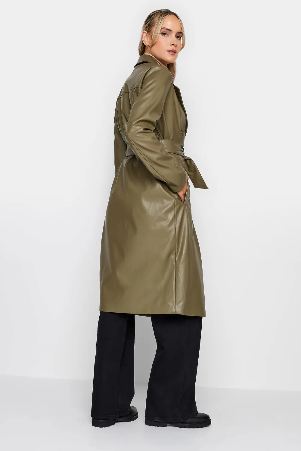 LTS Tall Olive Green Faux Leather Trench Coat