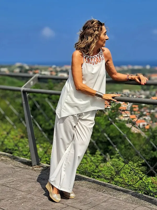 Women's Sets 2 Pieces Flower Comfort Home Cotton Blend Comfort Halter Sleeveless Hole Summer Spring Lake blue Black