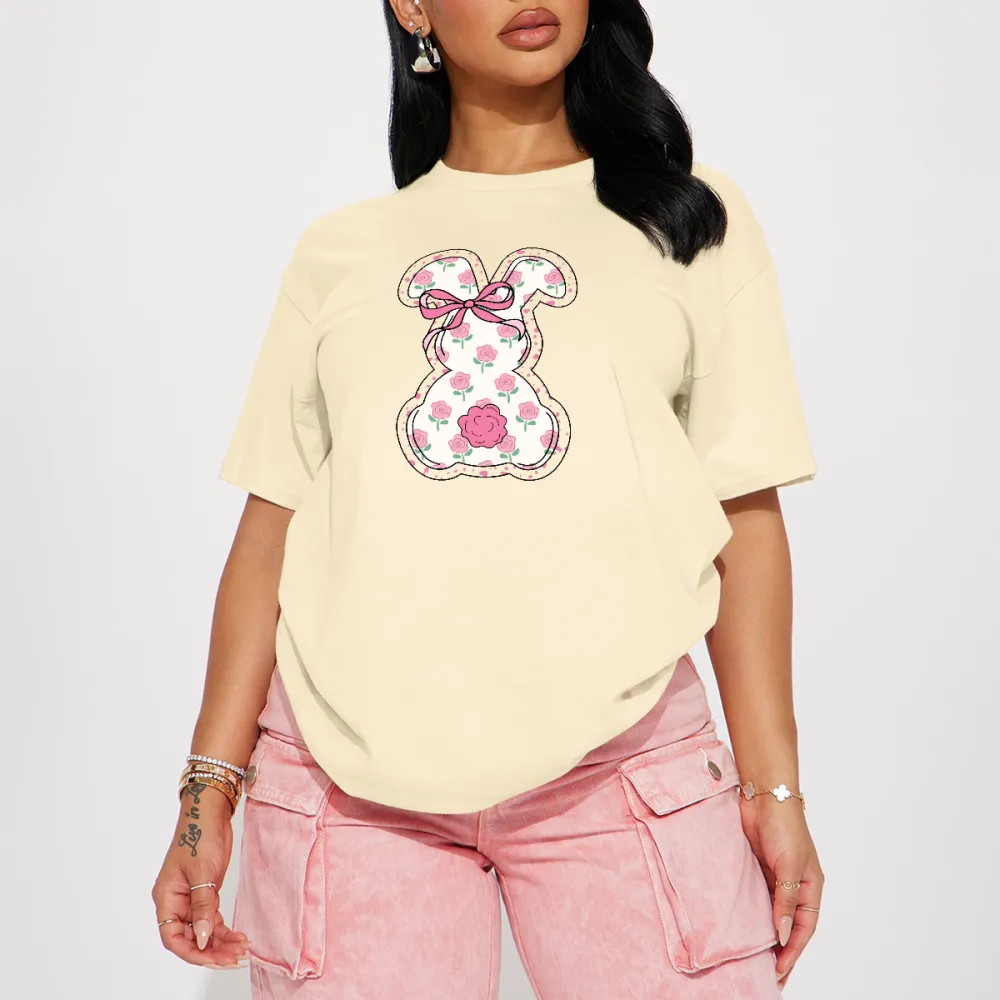 A Rabbit Outline Filled With Pink Rose Patterns, With A Pink Bow Tied Above The Ear. Cute And Sweet Style, Casual T-Shirt.