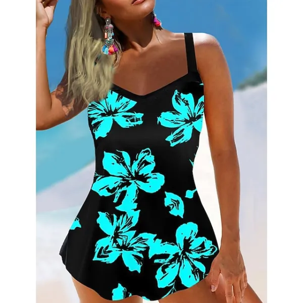 Women's Swimwear Tankini Swim Dress 2 Piece Plus Size Swimsuit 2 Piece Floral White Yellow Blue Tank Top Strap Bathing Suits Sports Summer