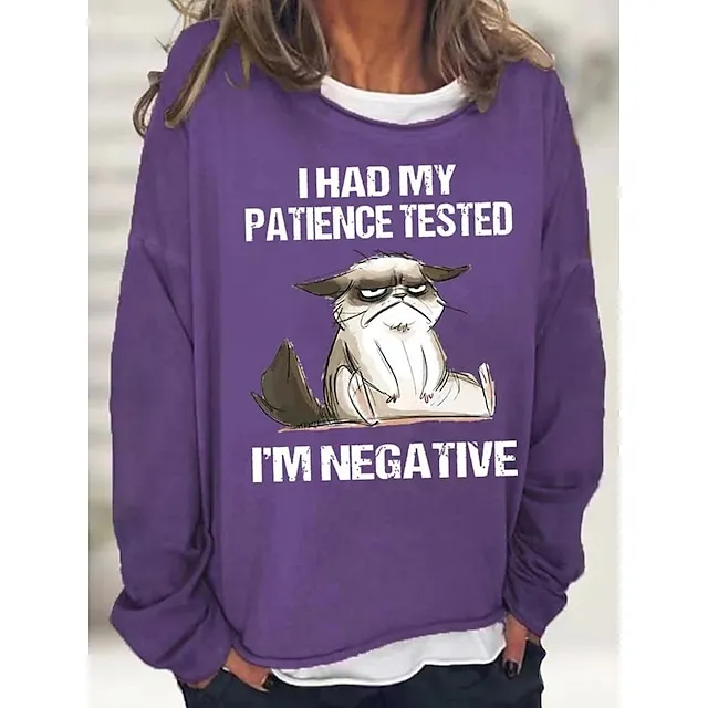 Women's Sweatshirt Pullover Active Sports Streetwear Black Pink Red Cat I HAD MY PATIENCE TESTED Oversized Sports Round Neck Long Sleeve Micro-elastic Fall & Winter