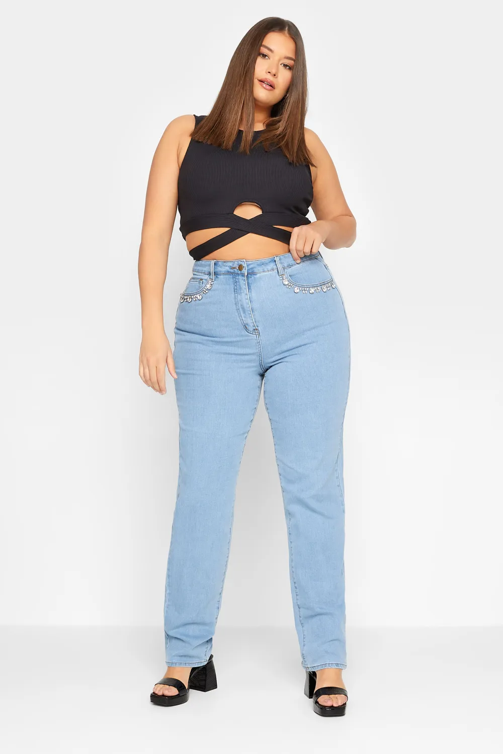 LTS Tall Blue Diamante Embellished Pocket UNA Stretch Mom Jeans