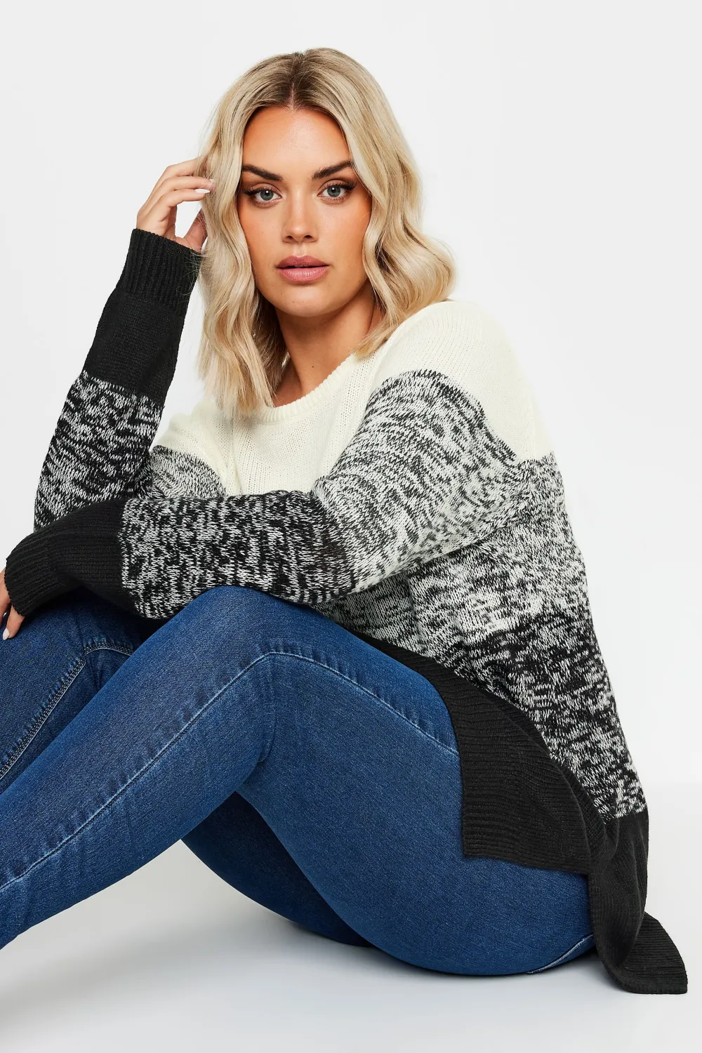 YOURS Curve Grey Colourblock Stripe Knitted Jumper