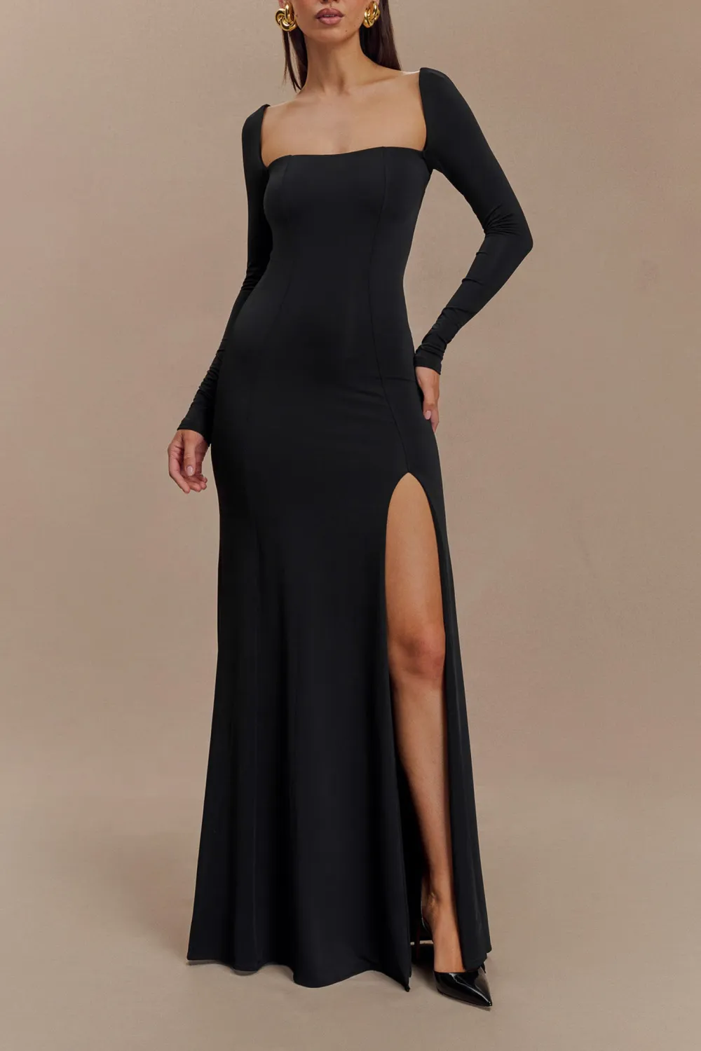 Slinky Long Sleeve Maxi Dress With Split
