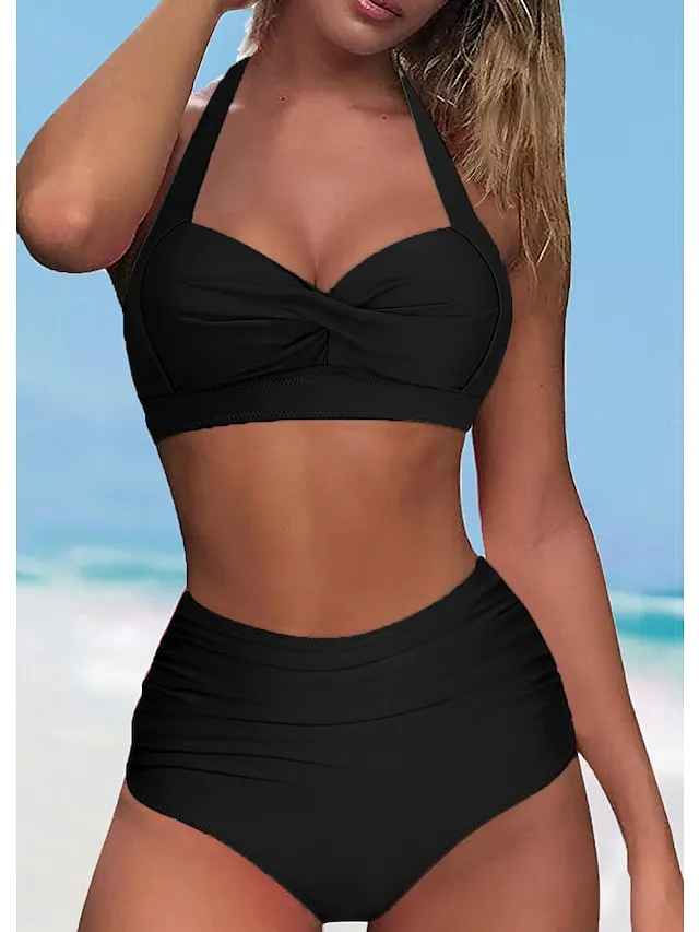 Women's Swimwear Bikini Normal Swimsuit Halter 2 Piece High Waisted Plain Black Green Rose Red Bathing Suits Sports Beach Wear Push Up